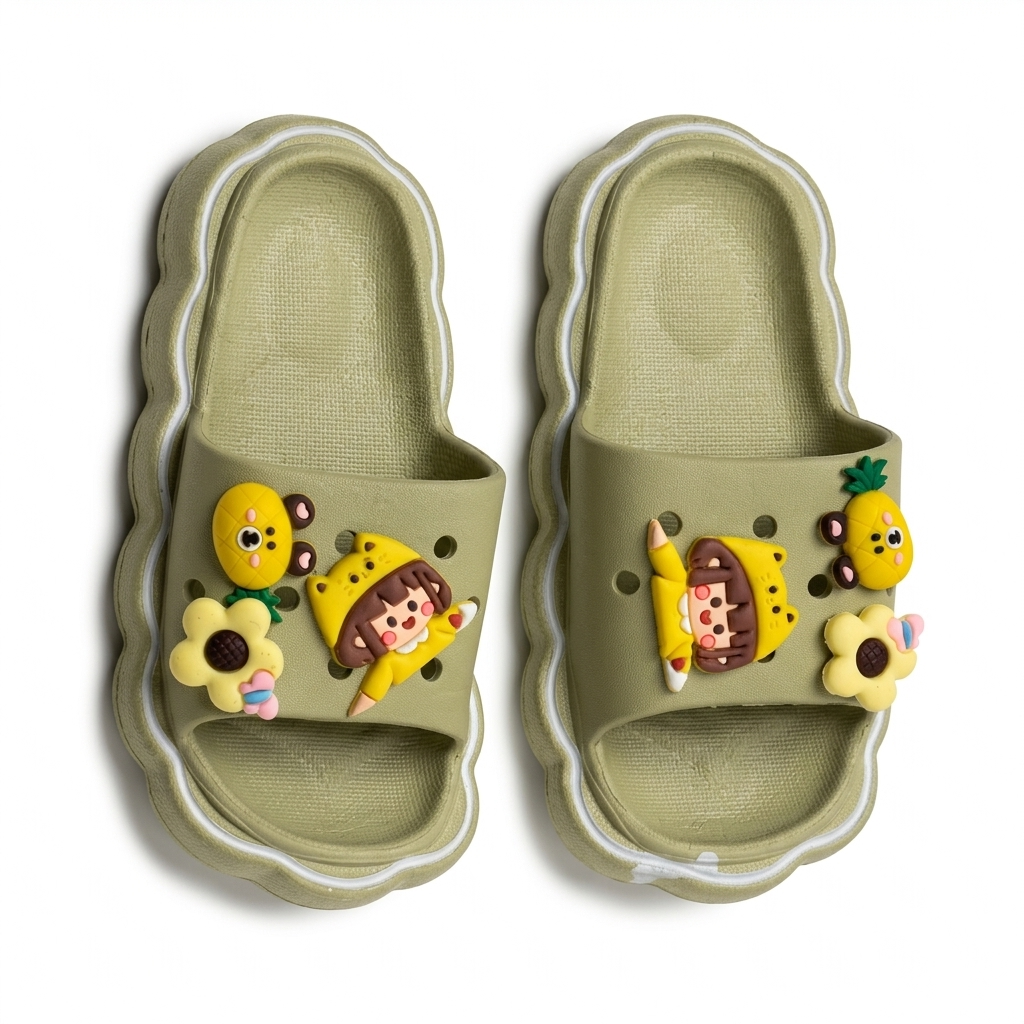 Kids Cartoon Charm Open-Toe Slides | Muted Olive Green