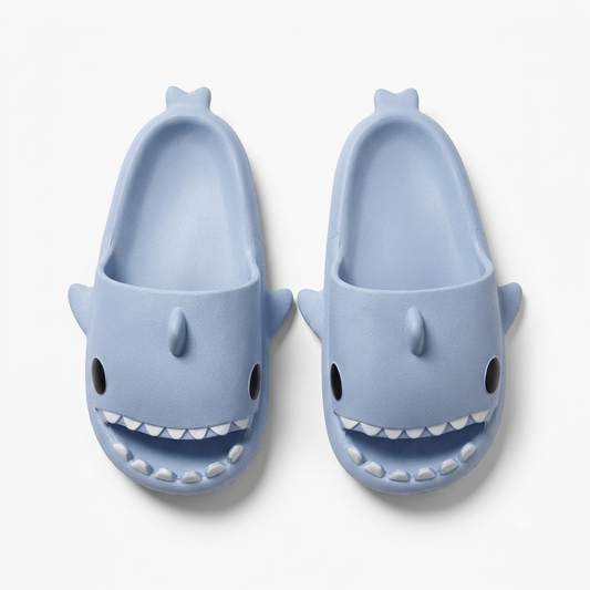 Kids Cartoon Shark Open-Toe Slides | Pastel Sky Blue Lightweight