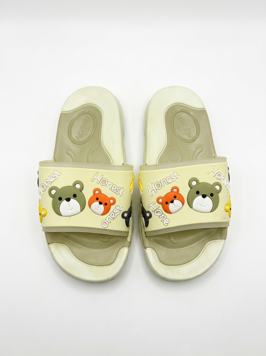 Kids Cartoon Bear Open-Toe Slides | Sage Green & Cream Lightweight