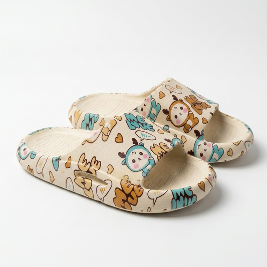 Doodle Buddy Kids' Cushion Slides – Cream & Teal Cartoon