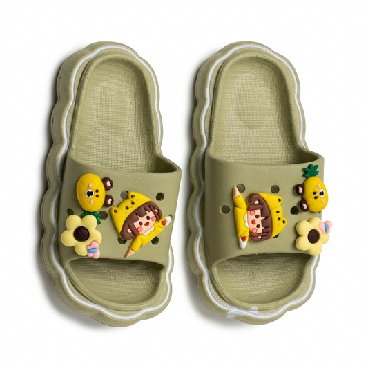 Kids Cartoon Charm Open-Toe Slides | Muted Olive Green