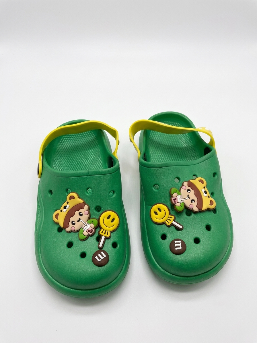 Kids Cartoon Charm Clogs | Kelly Green Lightweight Sandals with Yellow Strap