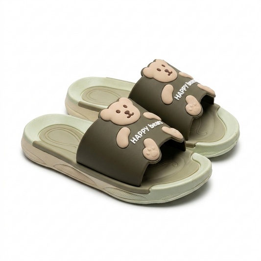 Kids Cartoon "Happy Bears" Open-Toe Slides | Khaki Olive Green