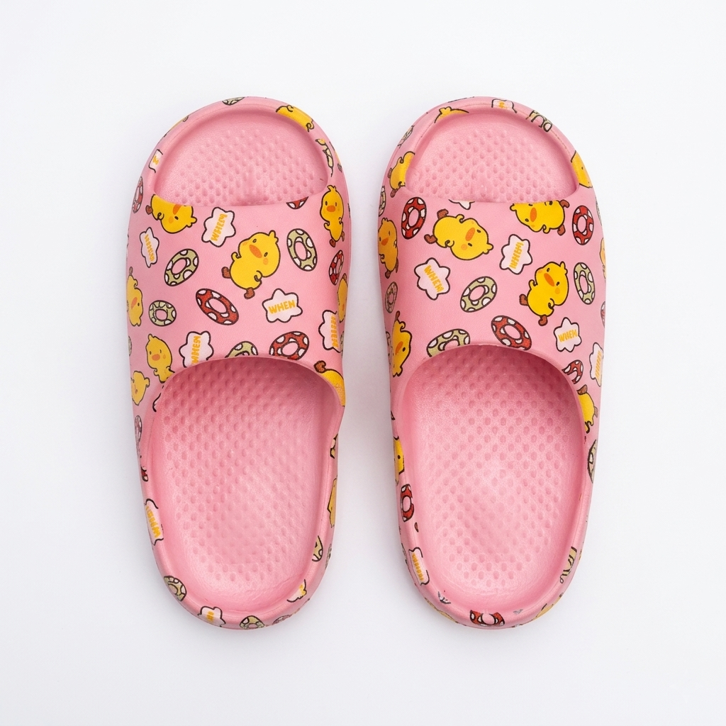 Kids Cartoon Rubber Duck Slides | Pastel Pink Lightweight Open-Toe Sandals