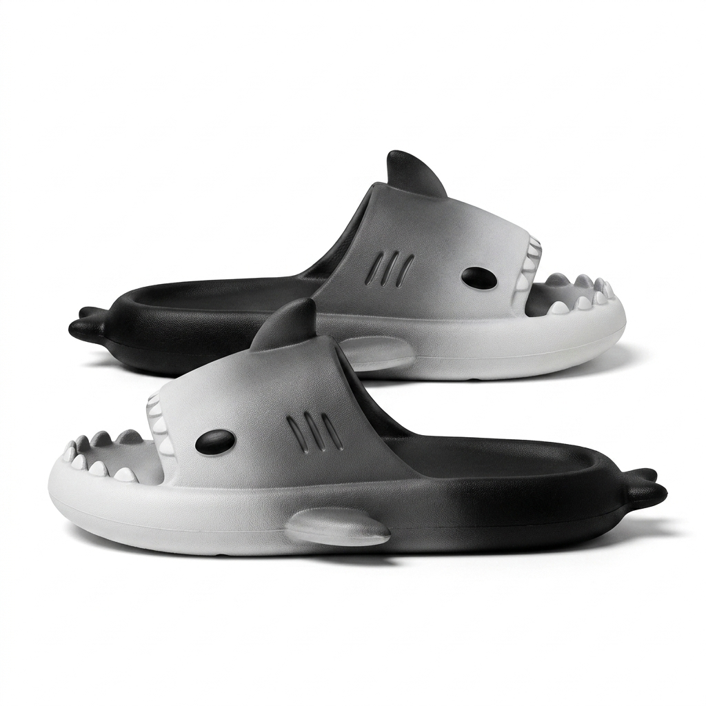Kids Cartoon Shark Open-Toe Slides | Black & Grey Ombre Lightweight