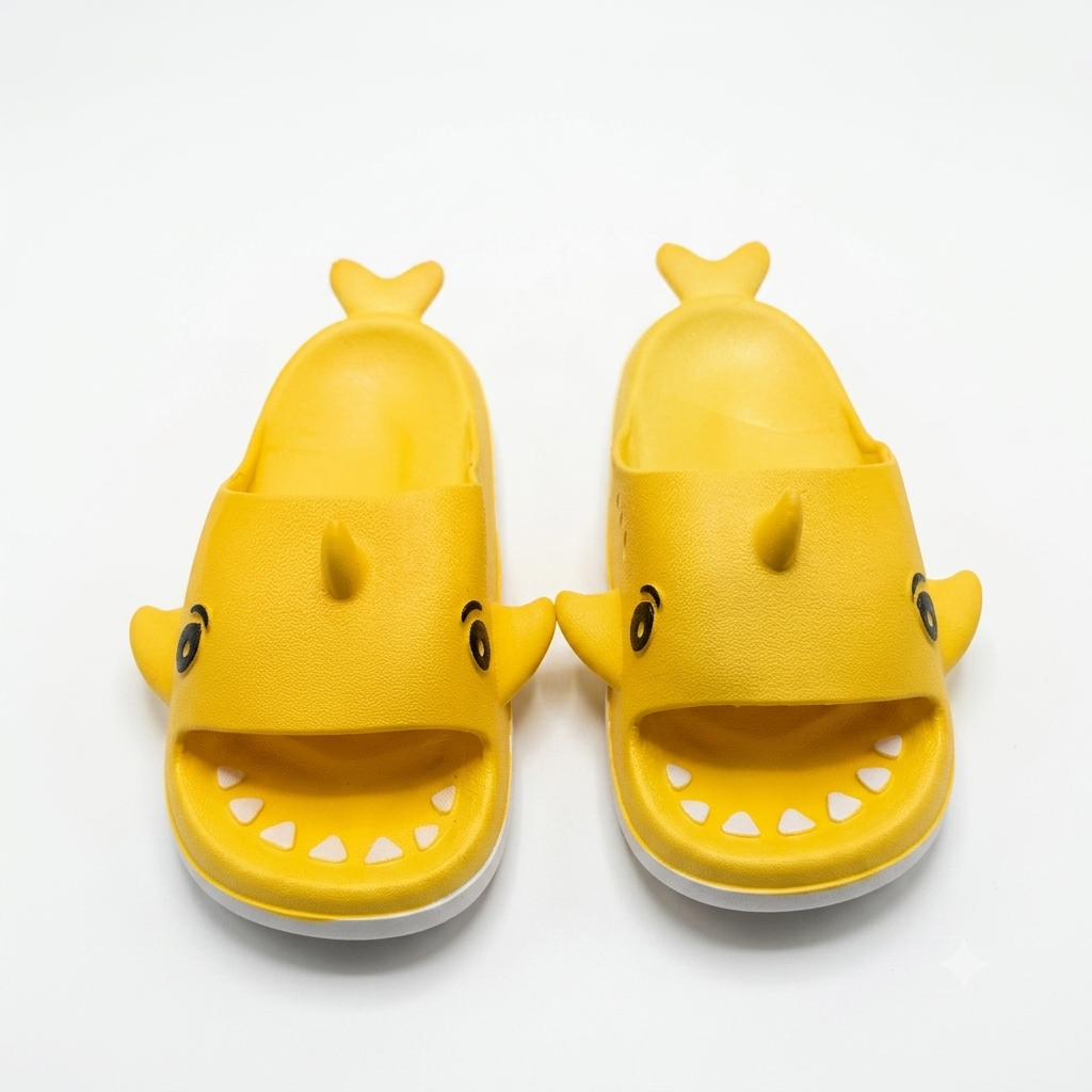 Kids Cartoon Shark Open-Toe Slides | Sunshine Yellow Lightweight