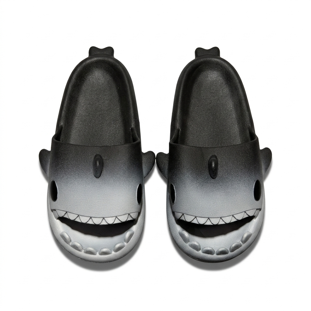Kids Cartoon Shark Open-Toe Slides | Black & Grey Ombre Lightweight