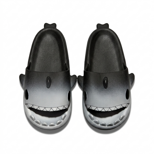 Kids Cartoon Shark Open-Toe Slides | Black & Grey Ombre Lightweight